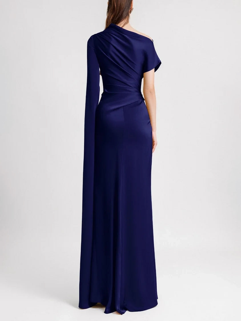 Elegant Irregular-sleeve Pleated Satin Maxi Dress