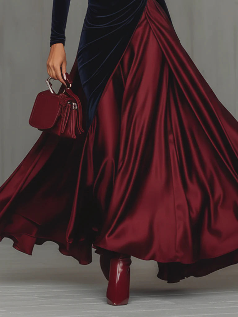 Elegantes Maxikleid aus Samt und Satin im Color-Blocking-Design