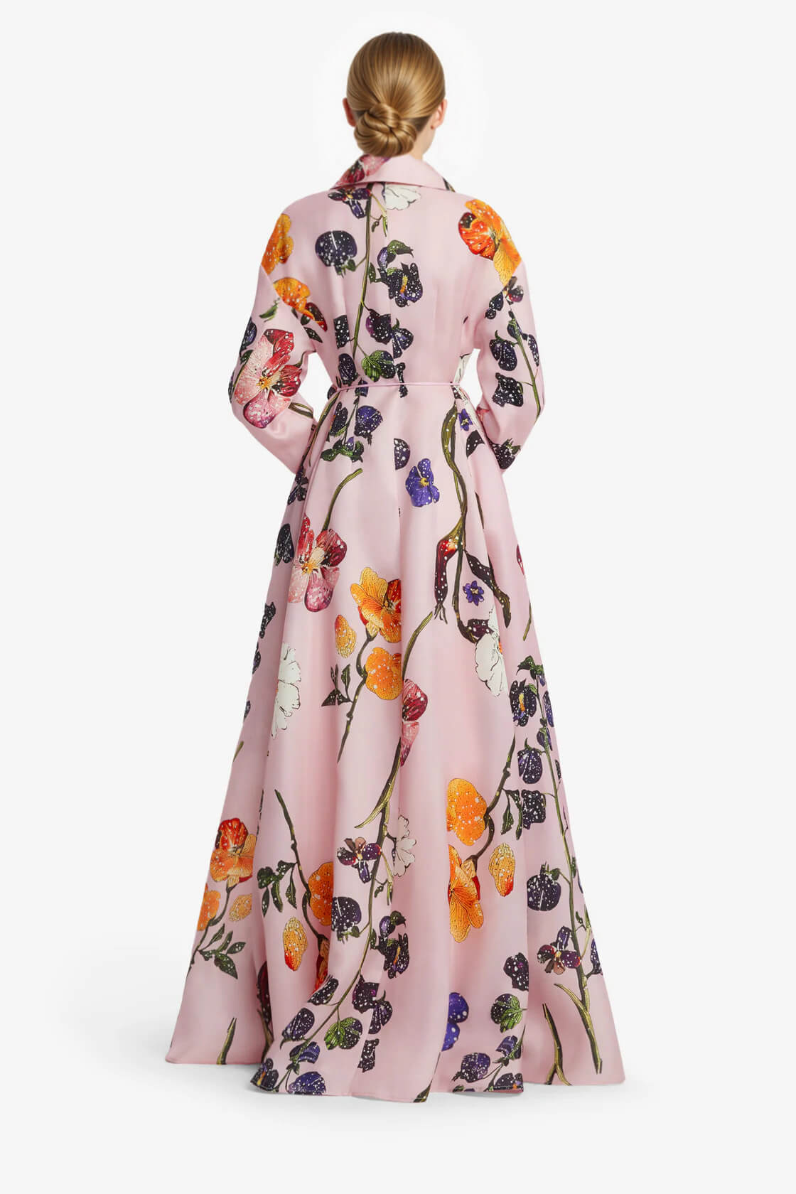 Vestido largo elegante de línea A con estampado floral y cierre de botones delantero