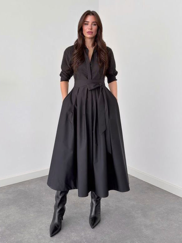 Abito midi elegante a maniche lunghe con cintura in vita