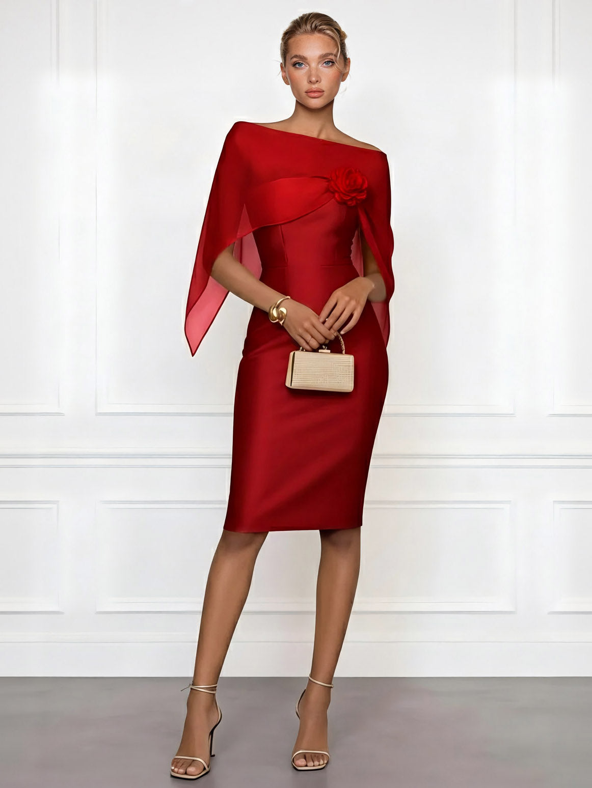 Asymmetrical One-Shoulder Sheer Shawl Satin Midi Dress