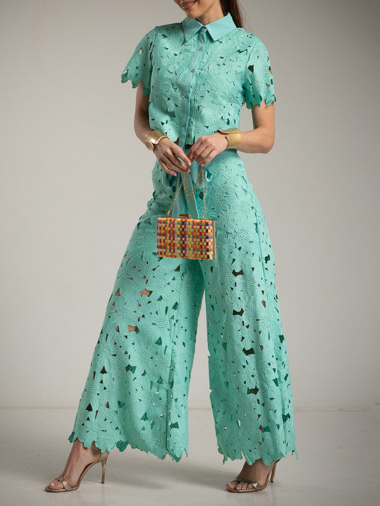 Pantaloni casual a gamba larga con inserti in pizzo