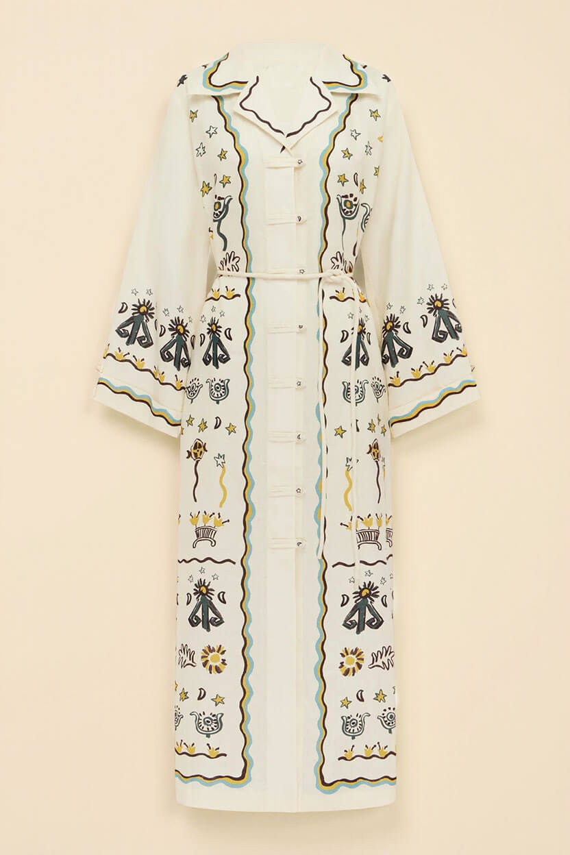 Robe-chemise longue ample à imprimé moderne, boutonnage devant et taille à nouer