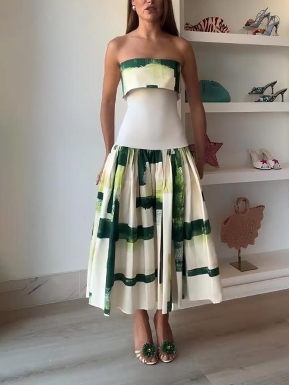 Elegant Printed Strapless Ribbed Bodycon Midi Dress