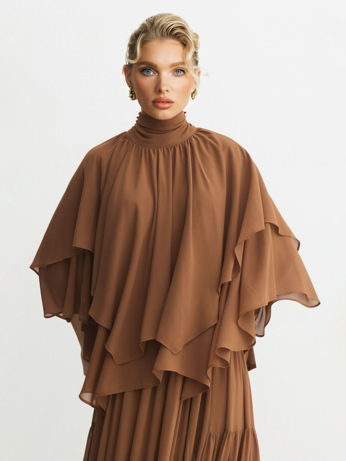Elegant Chiffon Cape Top And Tiered Maxi Skirt Two-Piece Set