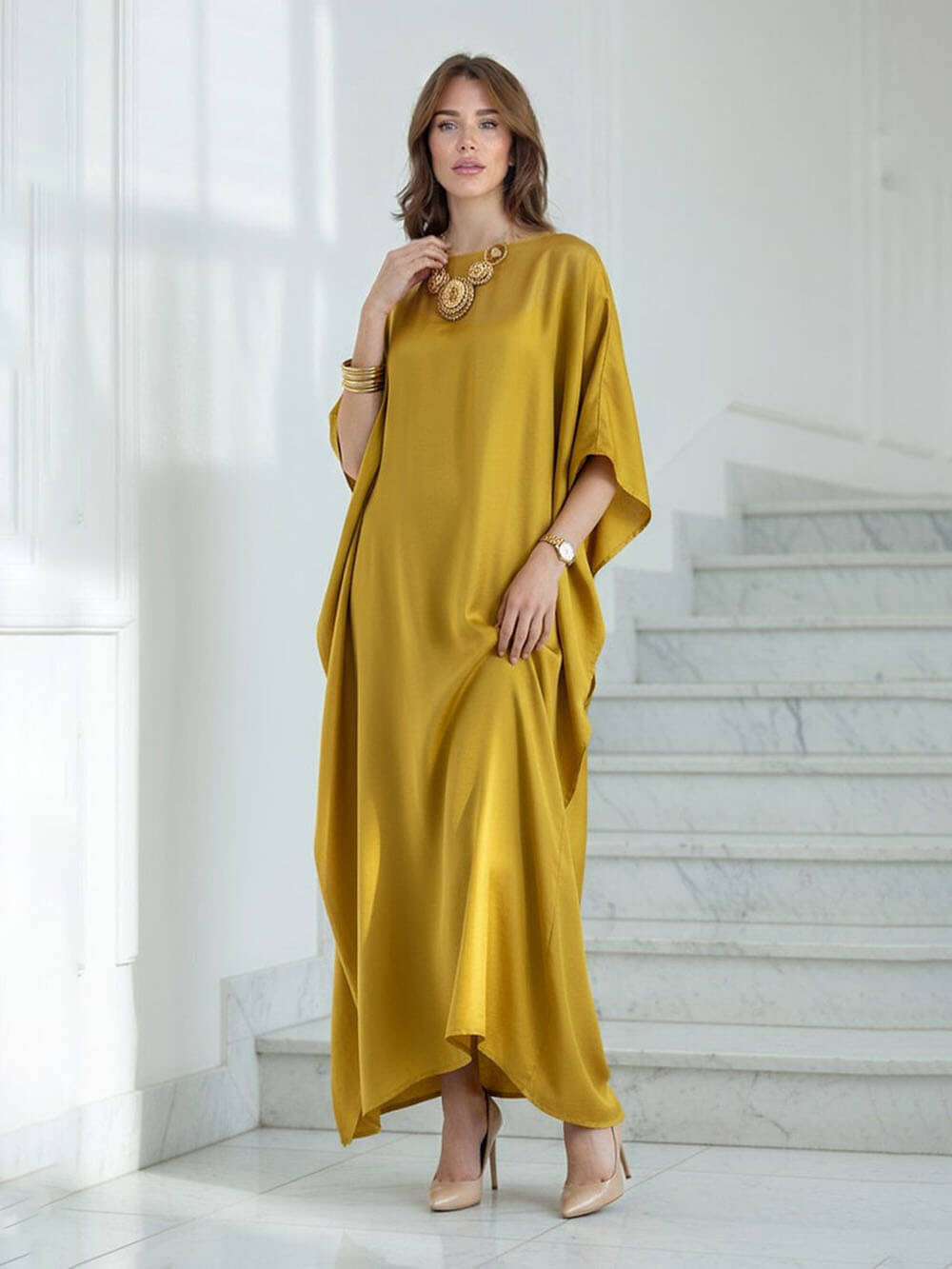 Vestido comprido estilo quimono boémio em cetim
