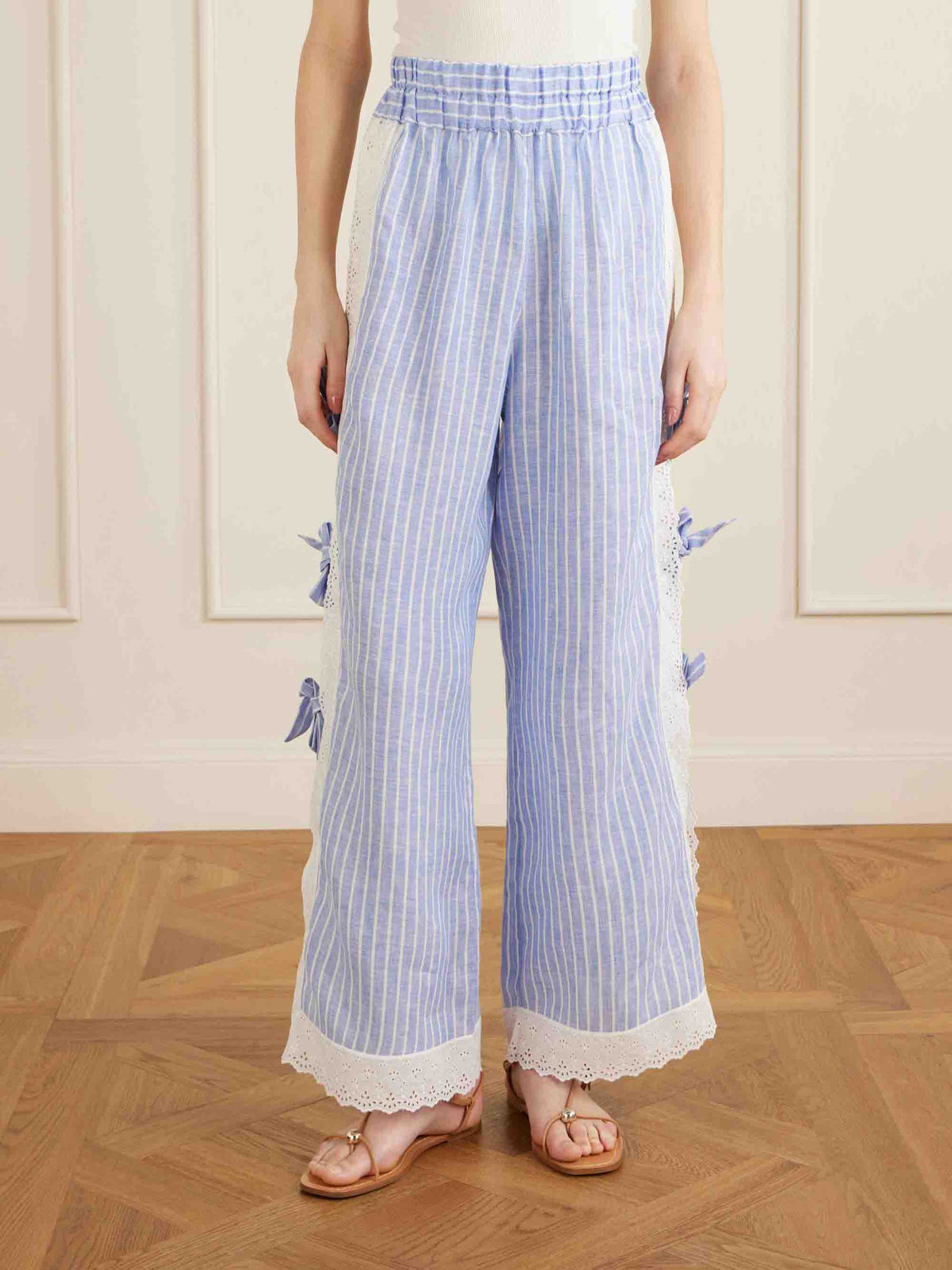 Conjunto de pijama con camisola con ribete de encaje a rayas y pantalón de pierna ancha