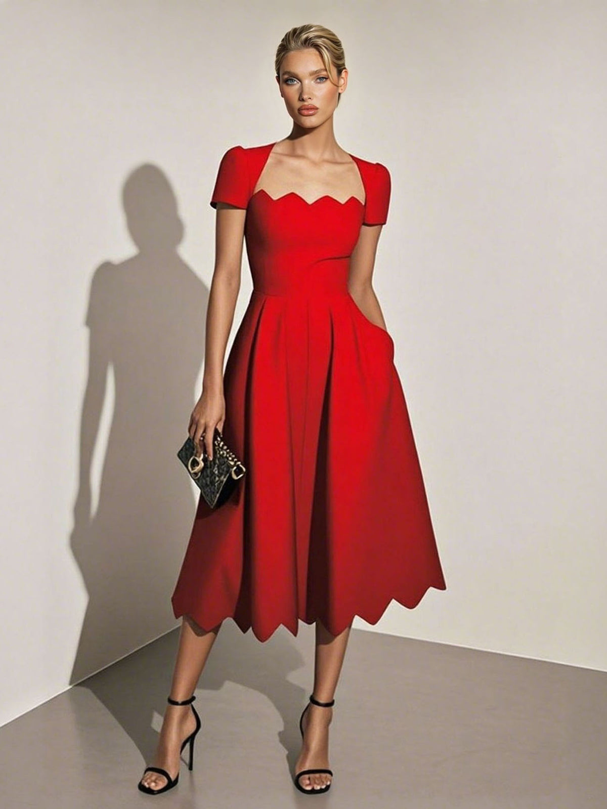 Vestido midi elegante de corte em A e bainha ondulada