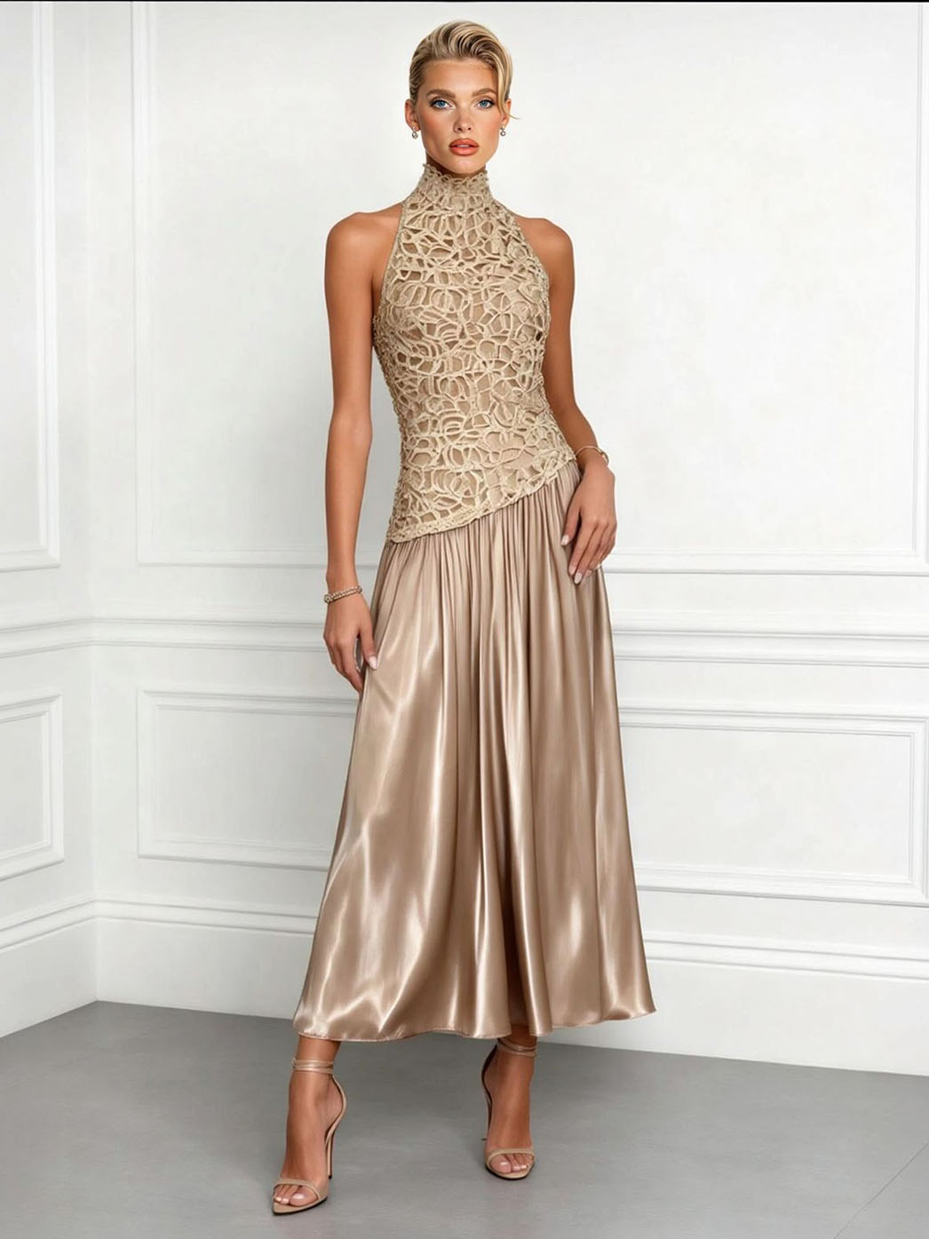 Elegant Backless Lace Satin Maxi Dress