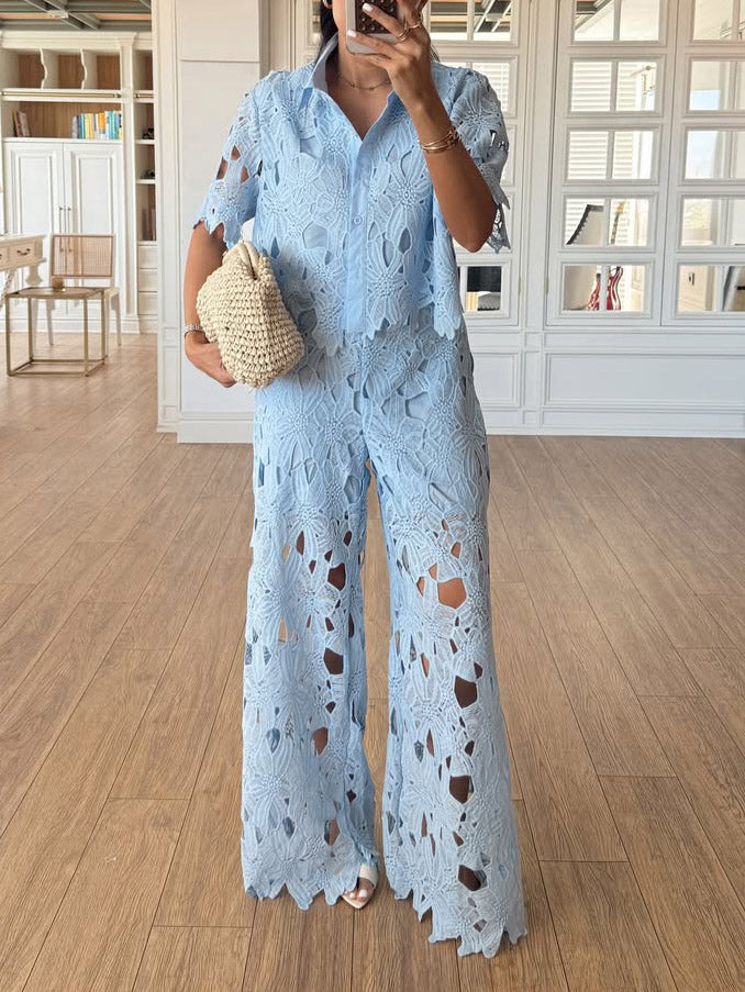 Pantaloni casual a gamba larga con inserti in pizzo