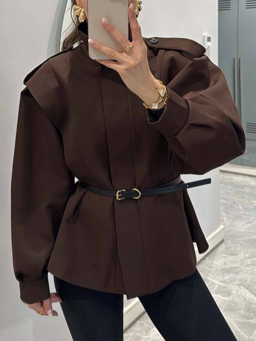 Modern Bold Stand Collar Button-Up Lantern Sleeve Loose Jacket