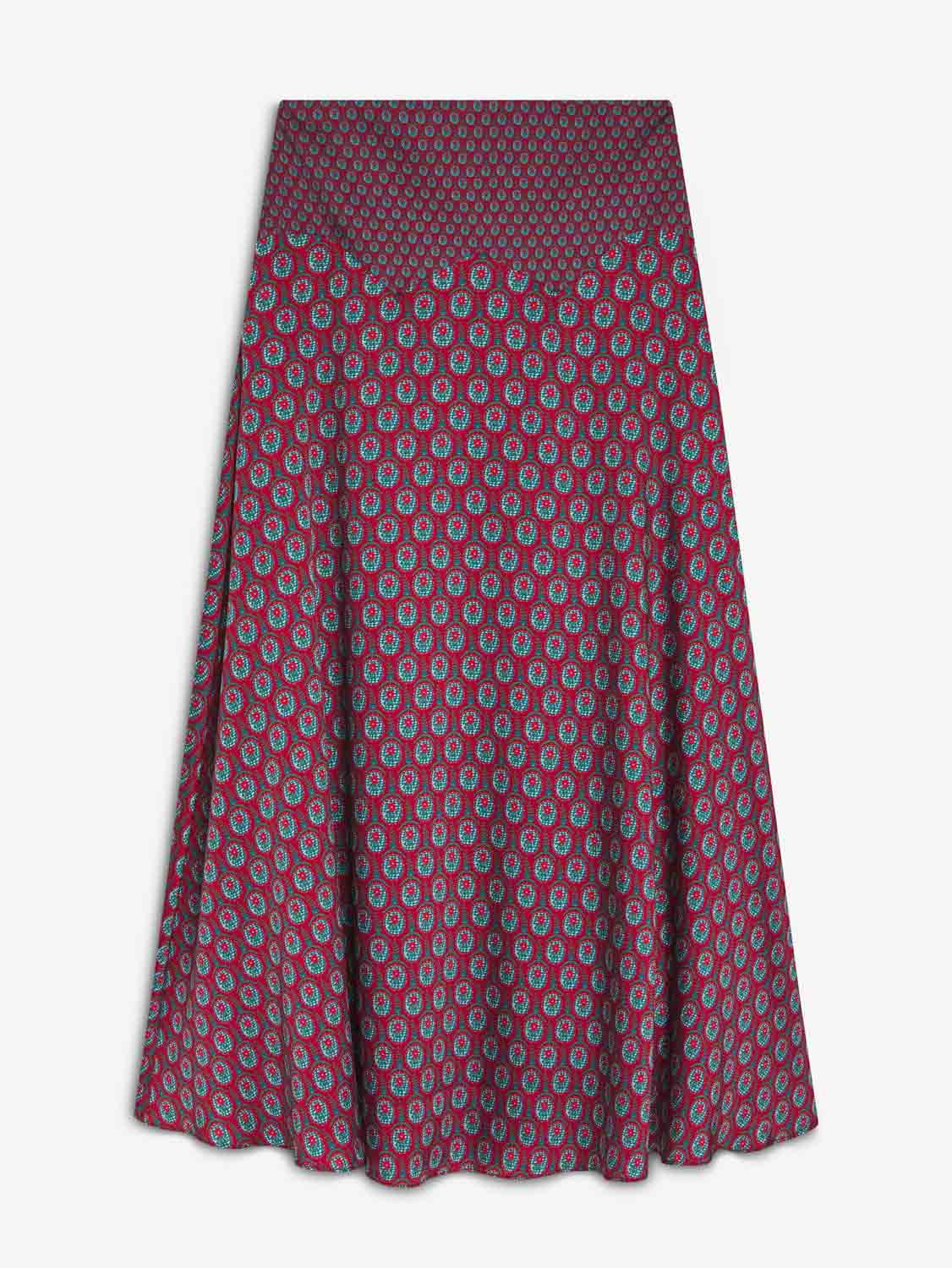 Completo a due pezzi con top con scollo a foulard e gonna lunga fluida con stampa retrò