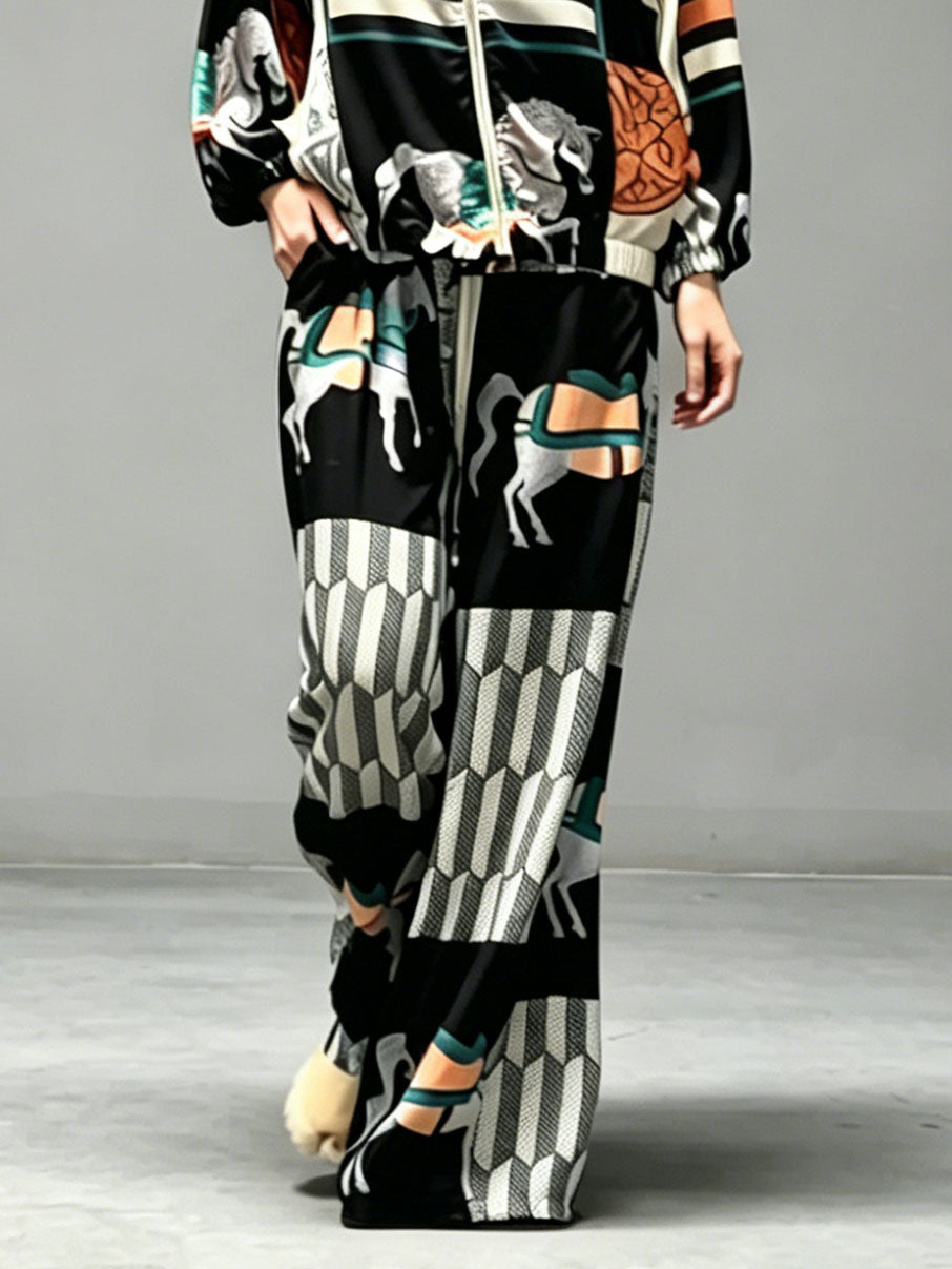 Lässige Hose mit künstlerischem Print und weitem Bein