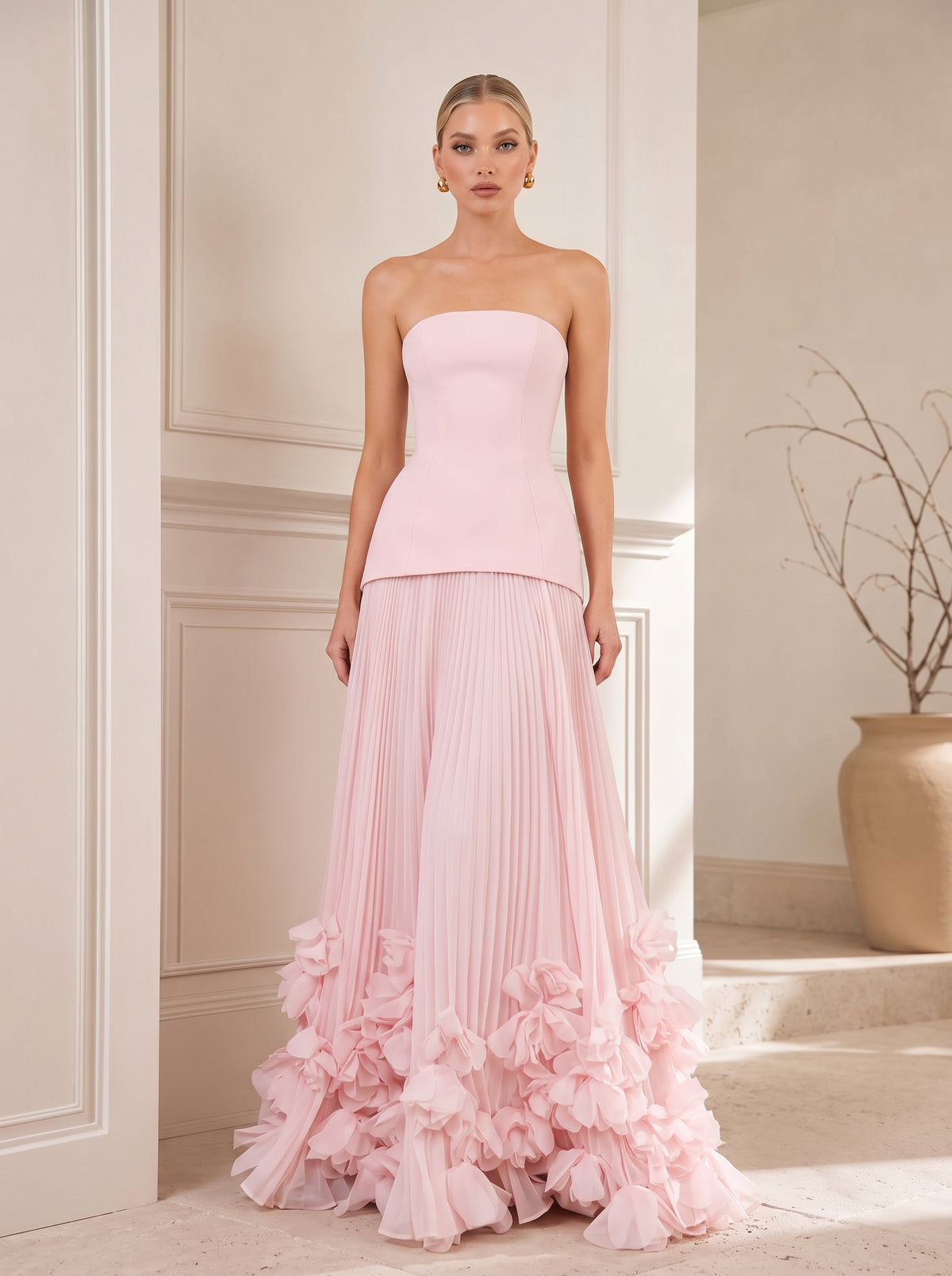 Strapless Fitted Bodice Pleated Maxi Gown With 3D Floral Hem