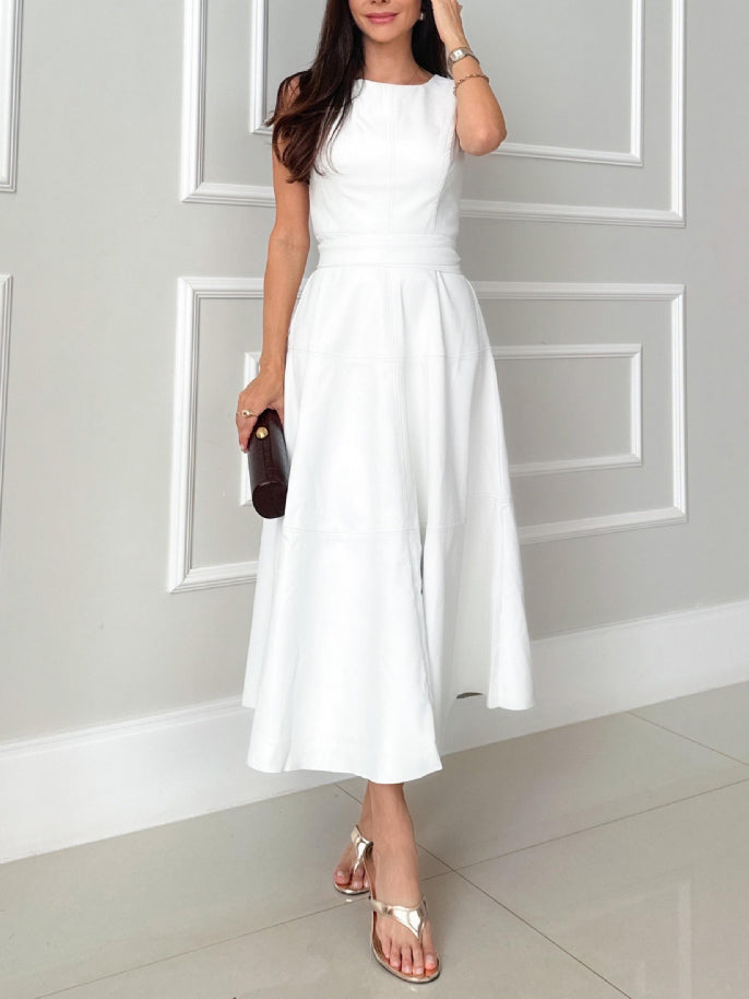 Elegante abito midi senza maniche effetto pelle