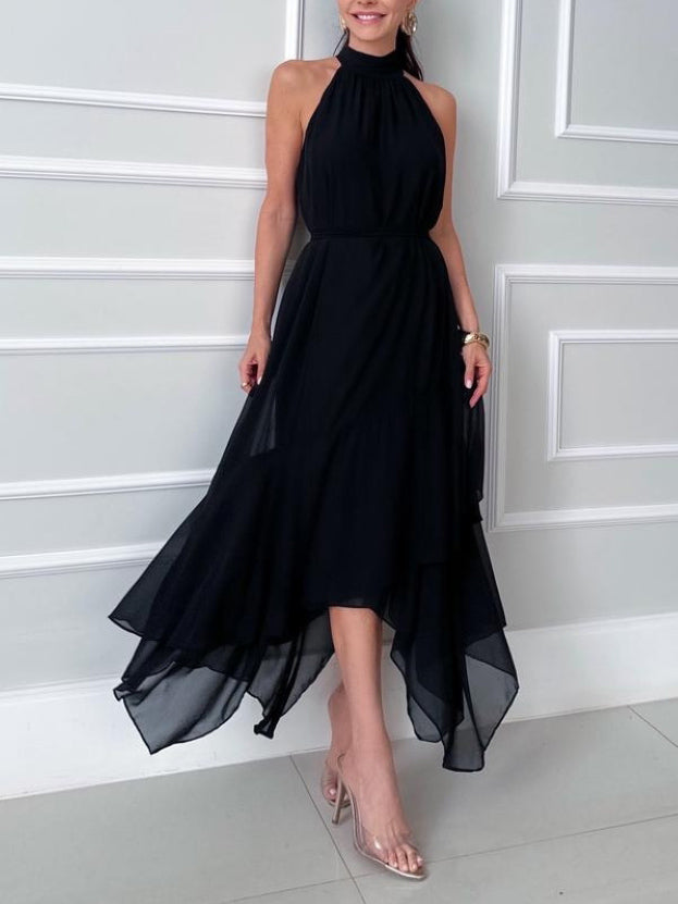 Elegant Backless Asymmetrical Ruffle Hem Chiffon Maxi Dress