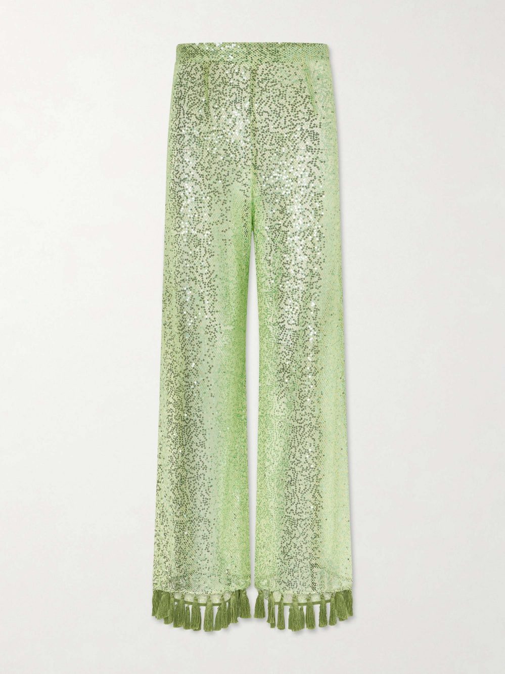 Elegantes zweiteiliges Set aus asymmetrischem Pailletten-Quastentop und ausgestellter Hose