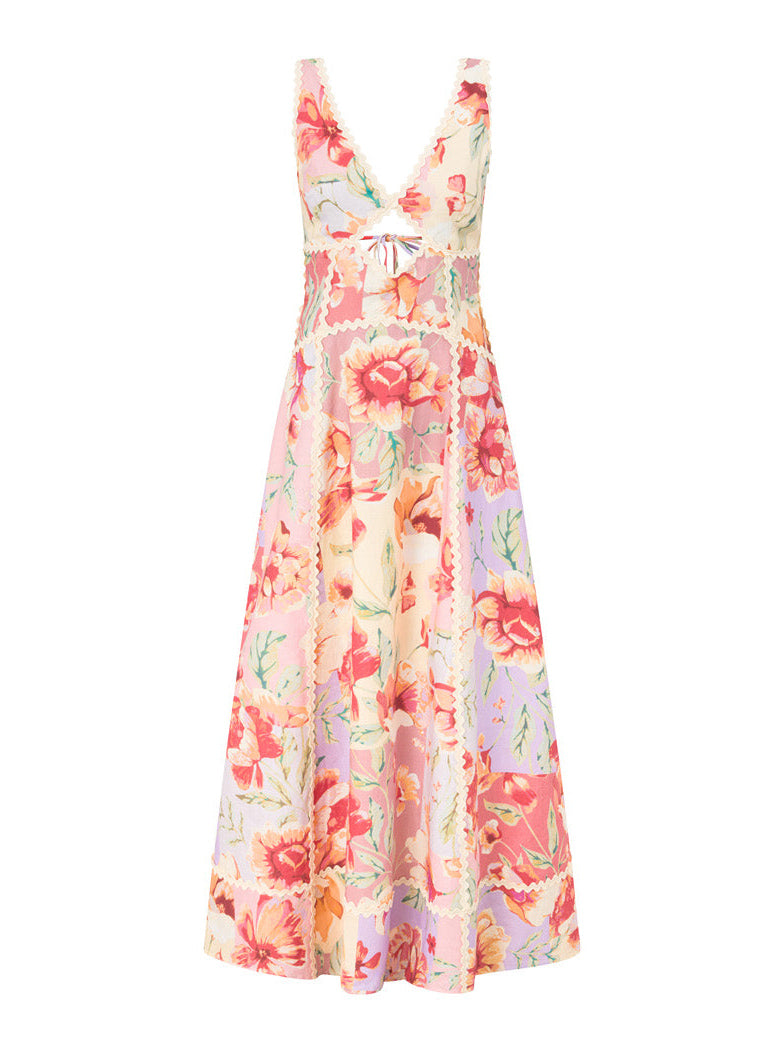 Exquisite Printed Cutout V-Neck Lace Trim Maxi Dress