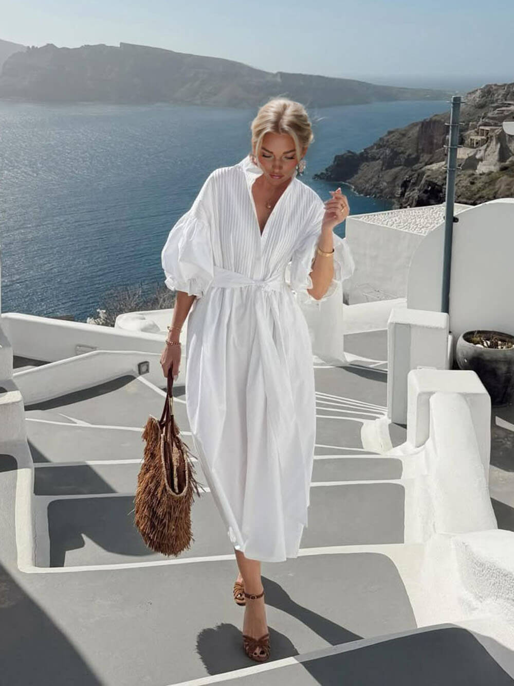 Abito midi boho arricciato con maniche a lanterna