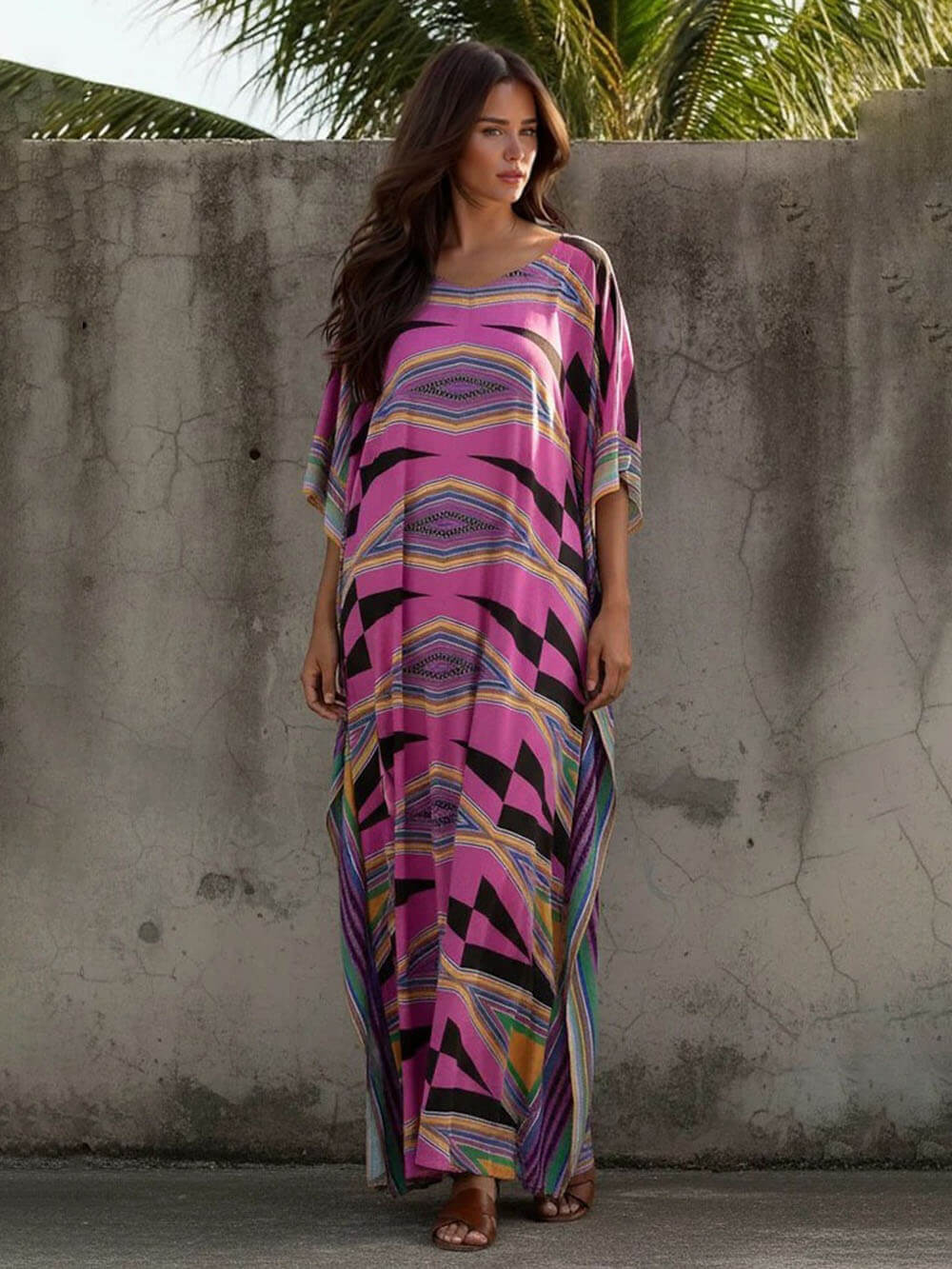 Retro Diamond Print Kimono Kaftan Beachwear Maxi Dress