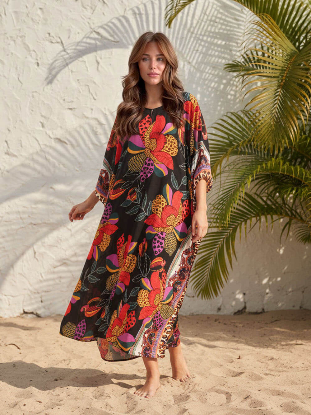 Abito kimono lungo con stampa boho