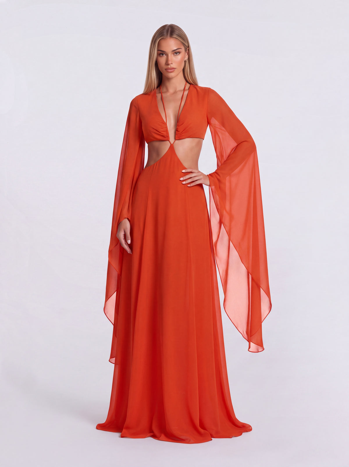 Vestido de gasa estilo vacacional con escote en V profundo, aberturas y mangas acampanadas