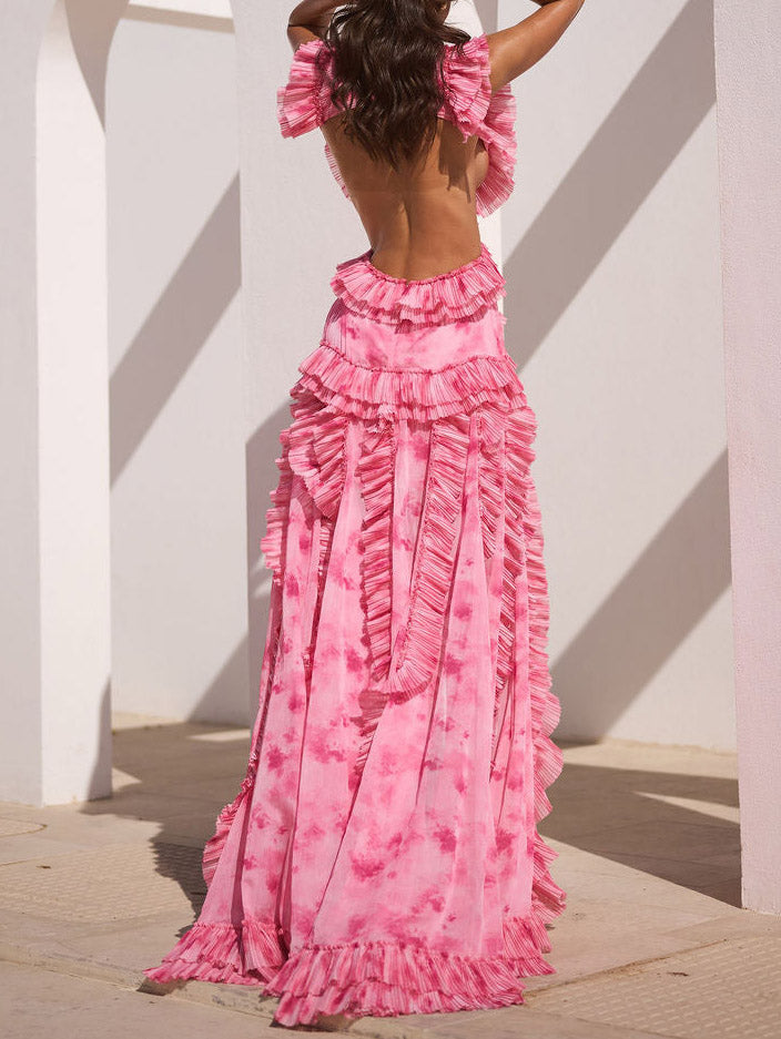 Vestido largo elegante con efecto tie-dye, volantes, aberturas y abertura lateral