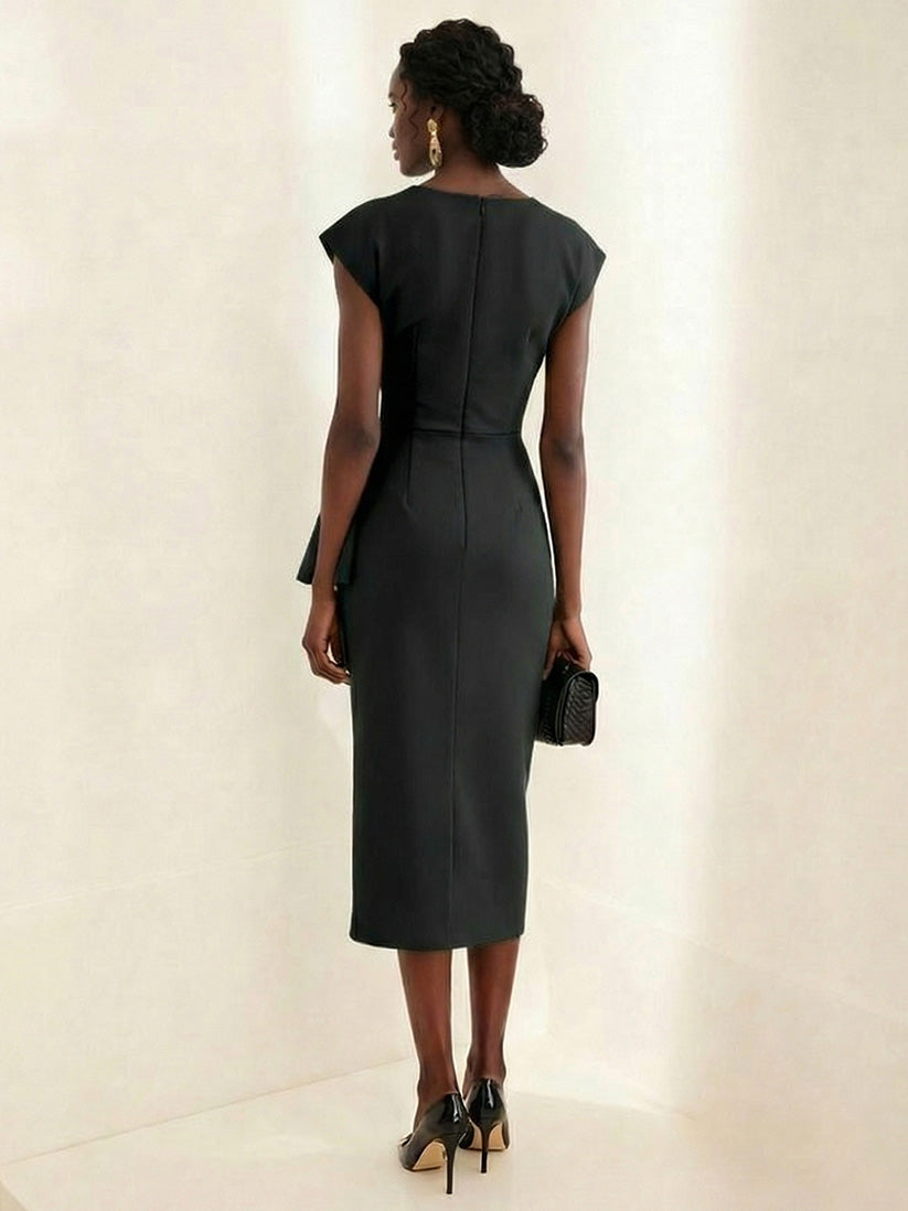 Abito midi elegante aderente con scollo drappeggiato