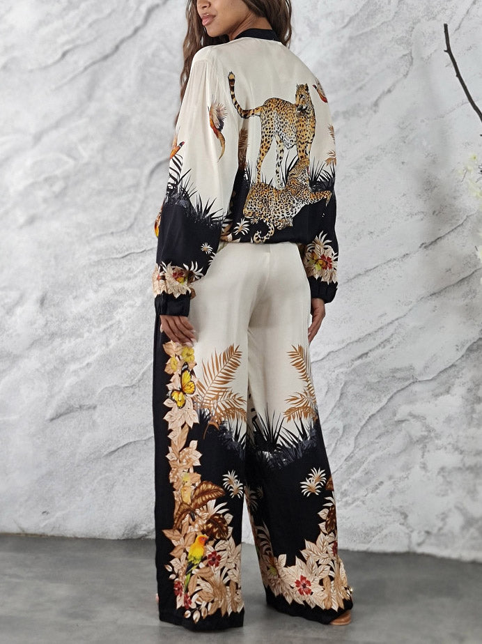 Ensemble à imprimé jungle exotique avec chemise zippée et pantalon large