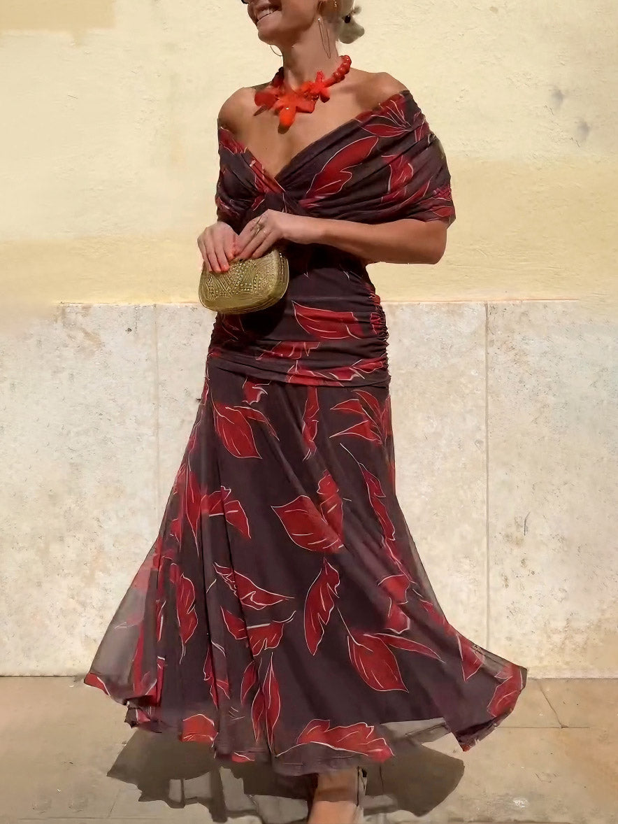 Elegant Off-Shoulder Ruched Leaf Print Maxi Dress