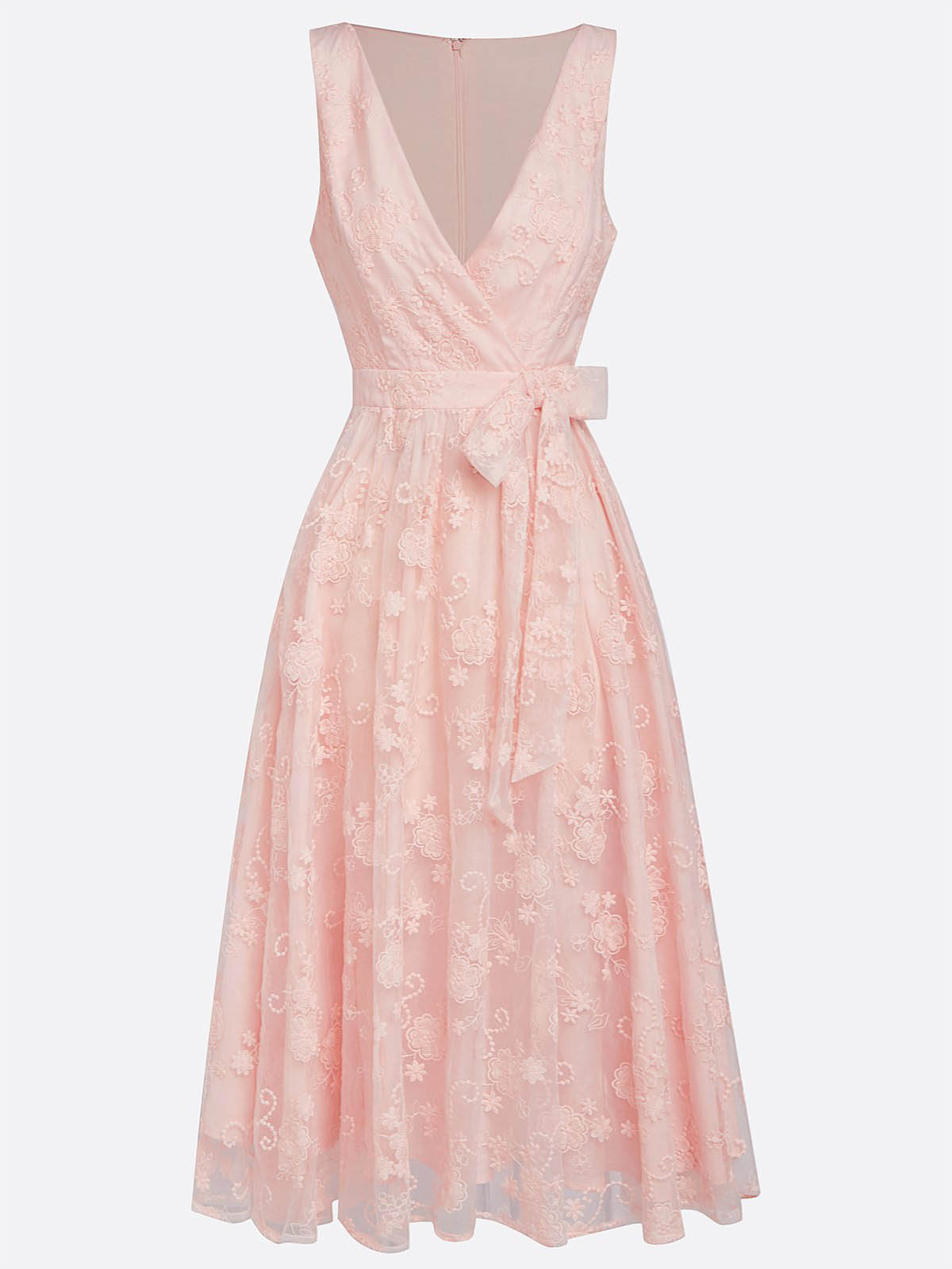 Abito midi elegante con scollo a V, ricami in pizzo e laccetto sul davanti