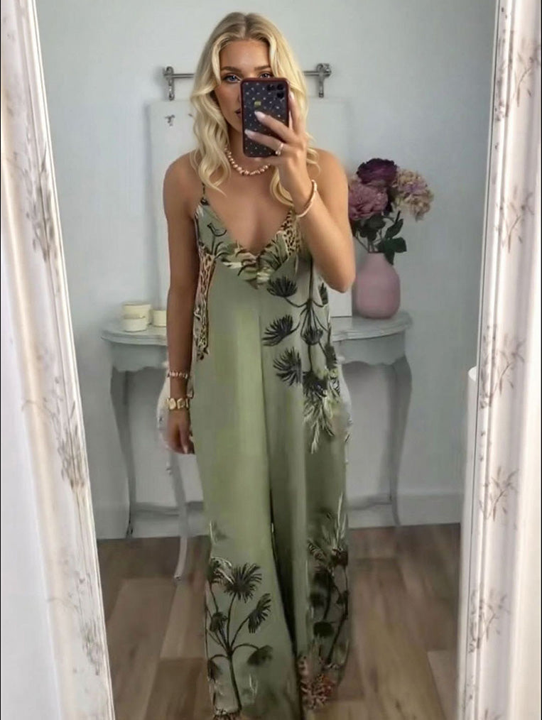 Tropical Giraffe Palm Tree Print Sleeveless High-Waist Jumpsuit