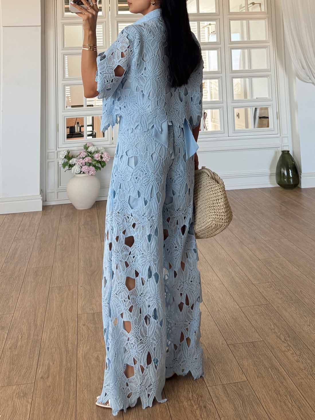 Casual Cutout Lace Short Sleeve Shirt