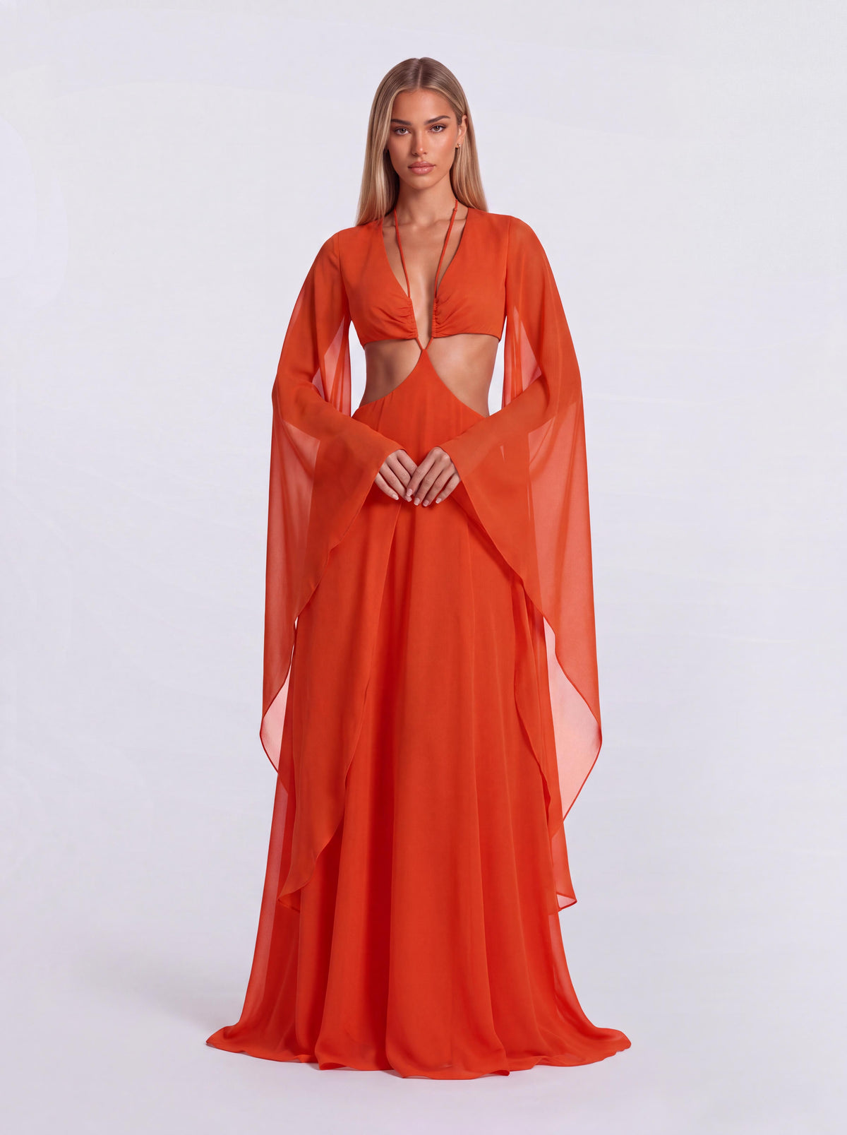 Vestido de gasa estilo vacacional con escote en V profundo, aberturas y mangas acampanadas
