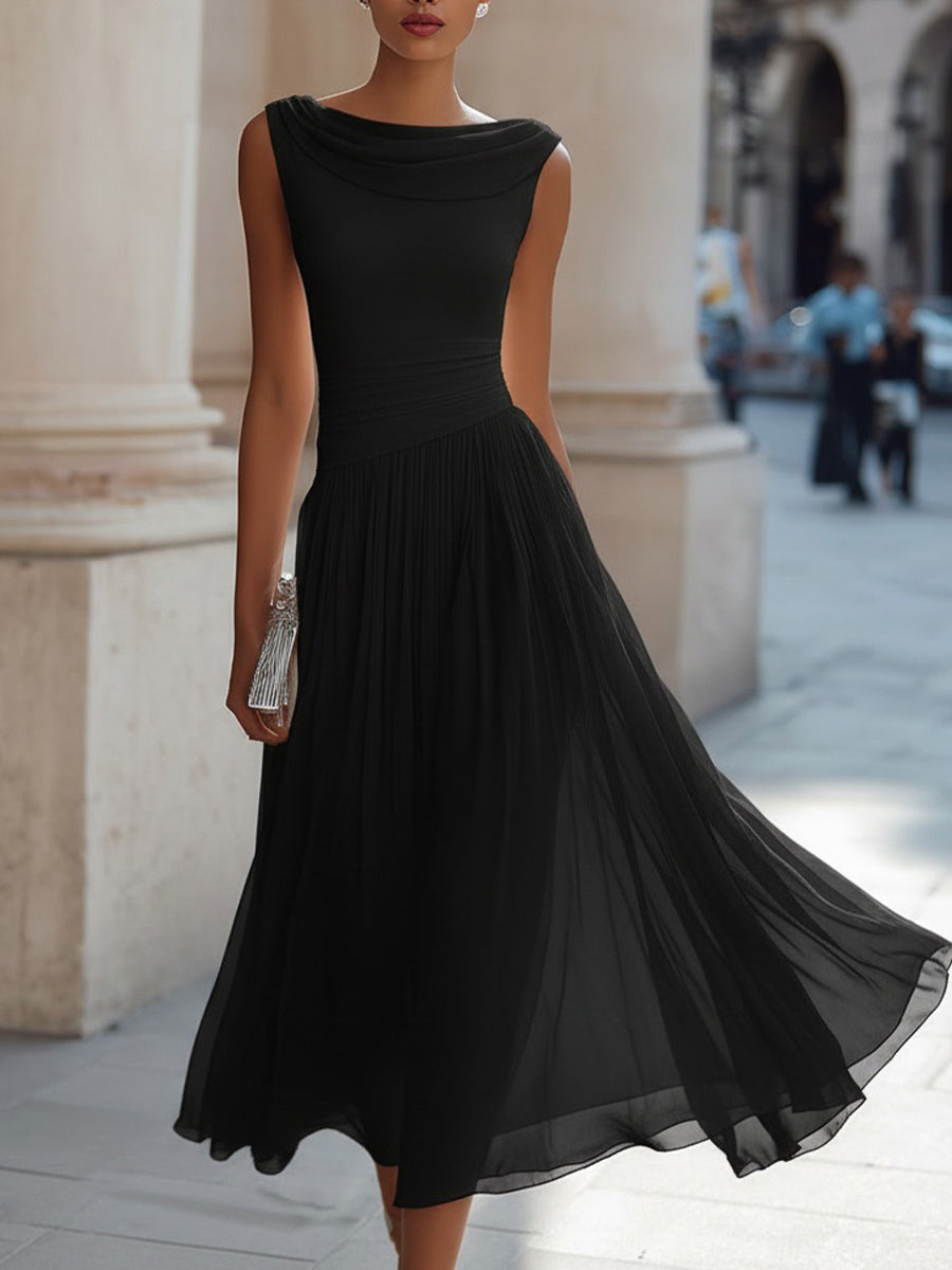 Abito midi elegante con gonna plissettata, vita arricciata