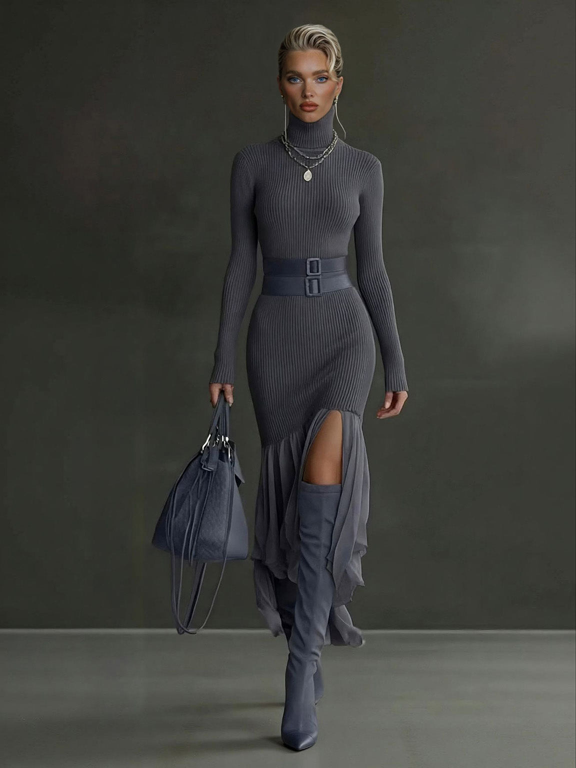 Elegantes asymmetrisches Strickmidikleid mit Rüschen in Grau