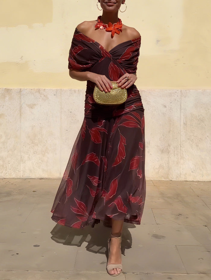 Elegant Off-Shoulder Ruched Leaf Print Maxi Dress