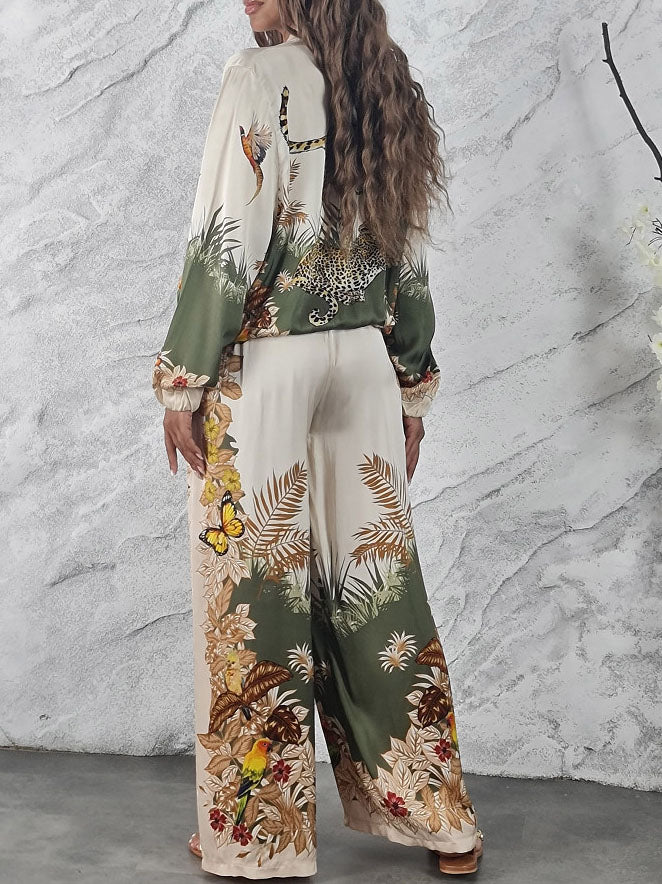 Ensemble à imprimé jungle exotique avec chemise zippée et pantalon large