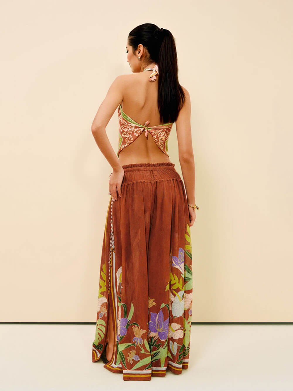 Delicate Ruffle Printed Drawstring Slit Wide-Leg Pants