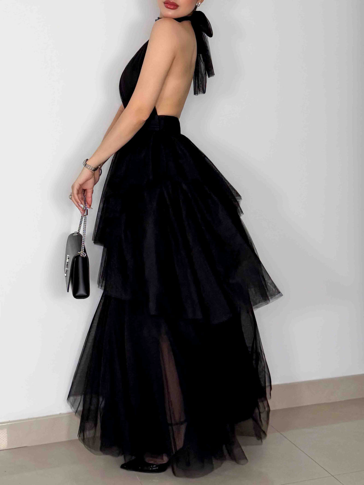 Elegant Backless Tie-Up Layered Tulle Maxi Dress