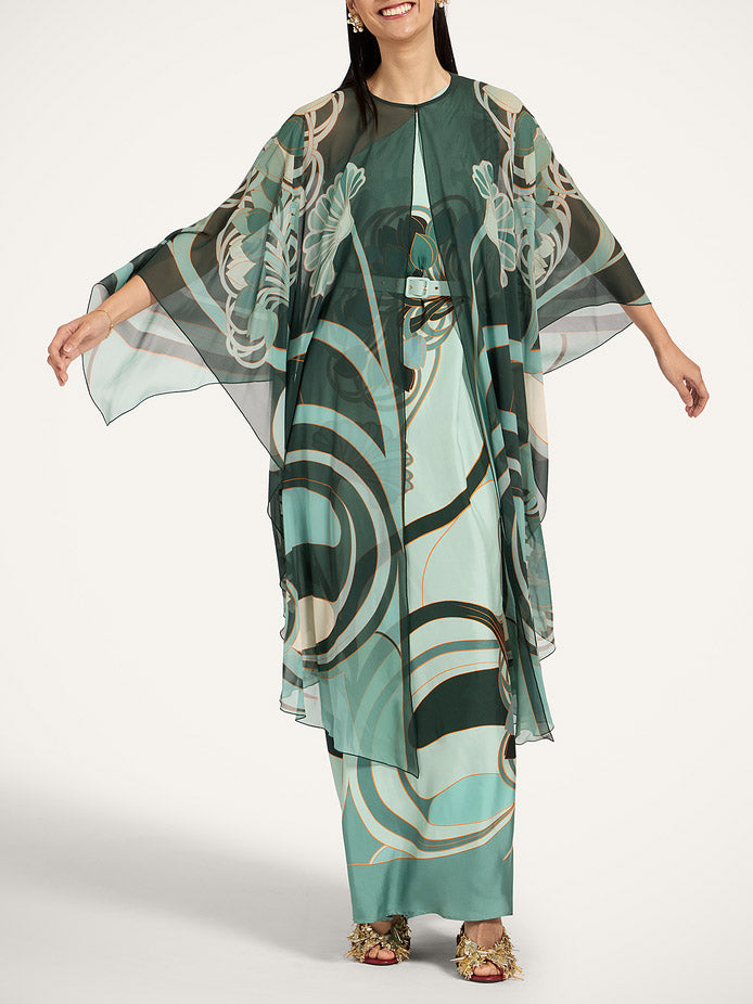Unique Art Nouveau Printed Tulle Shawl Dress Set