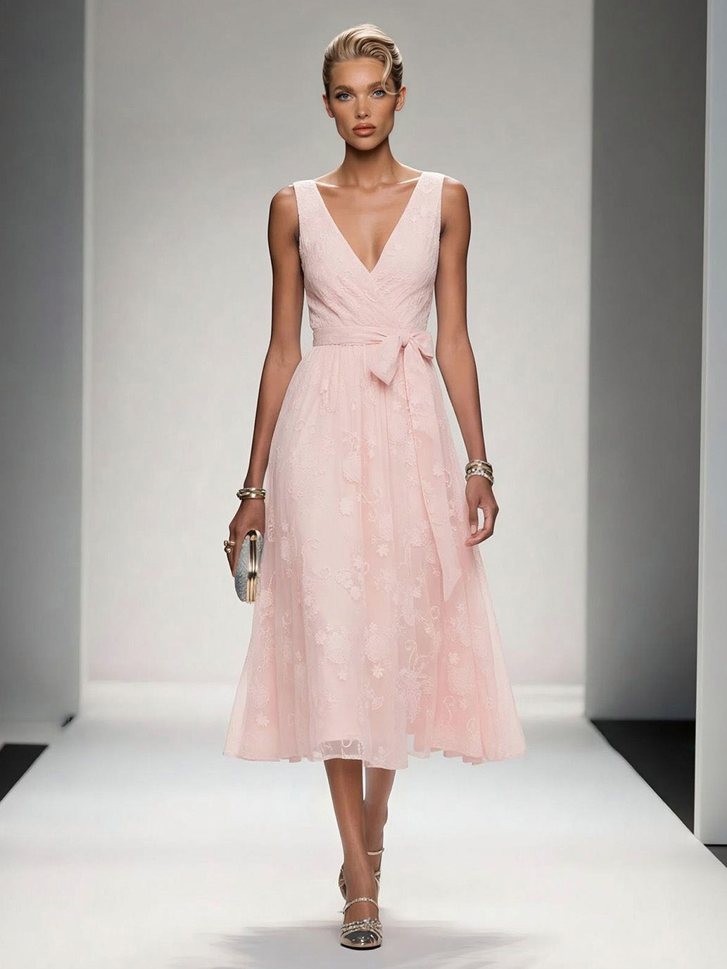 Elegant V-Neck Lace Embroidered Tie-Front Midi Dress
