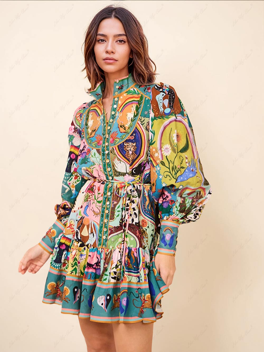 Vestido mini casual com padrão perene de graffiti