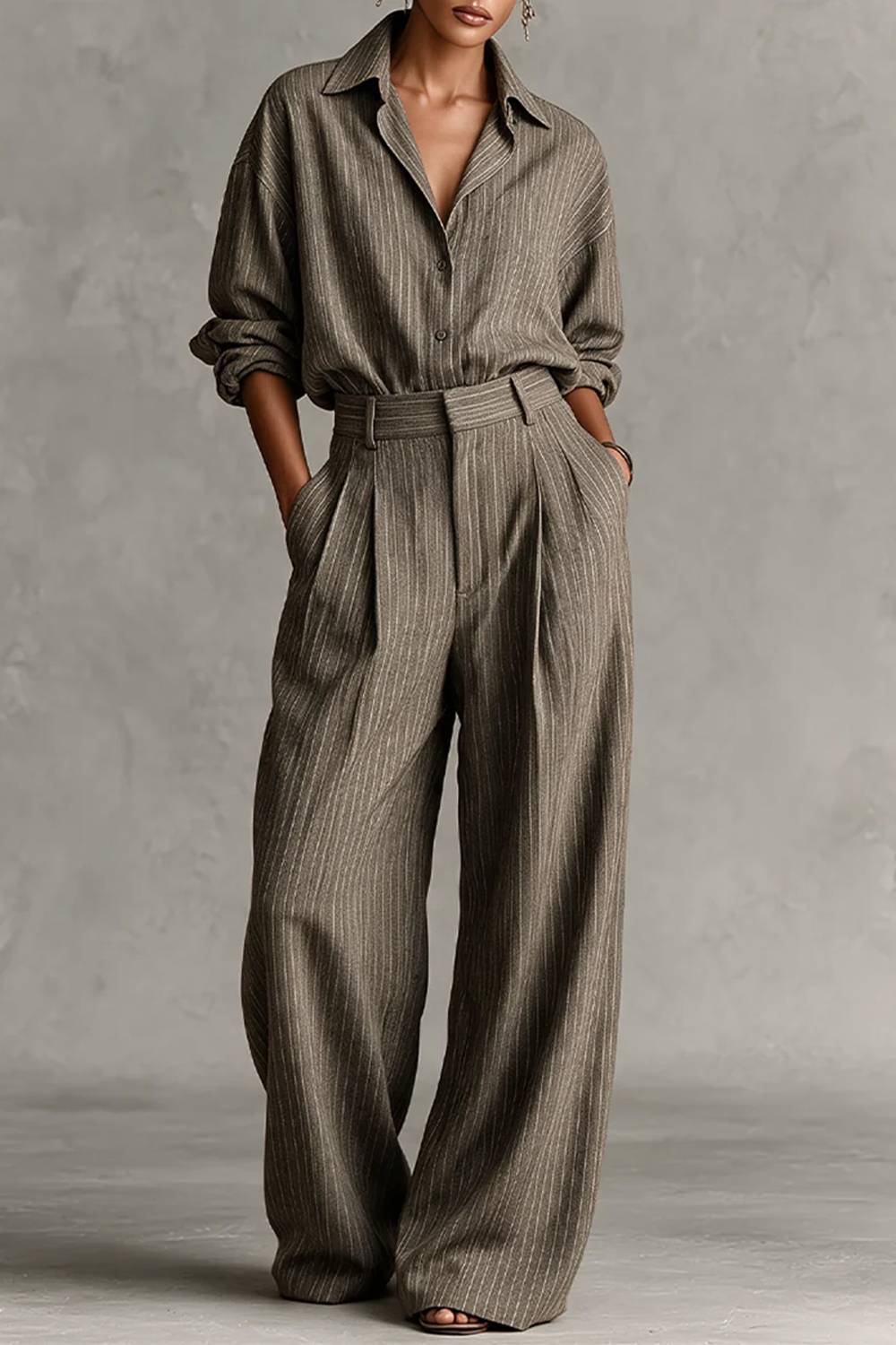 Oversized Striped Button‑Down Shirt & Pleated Wide‑Leg Pants Two‑Piece Set