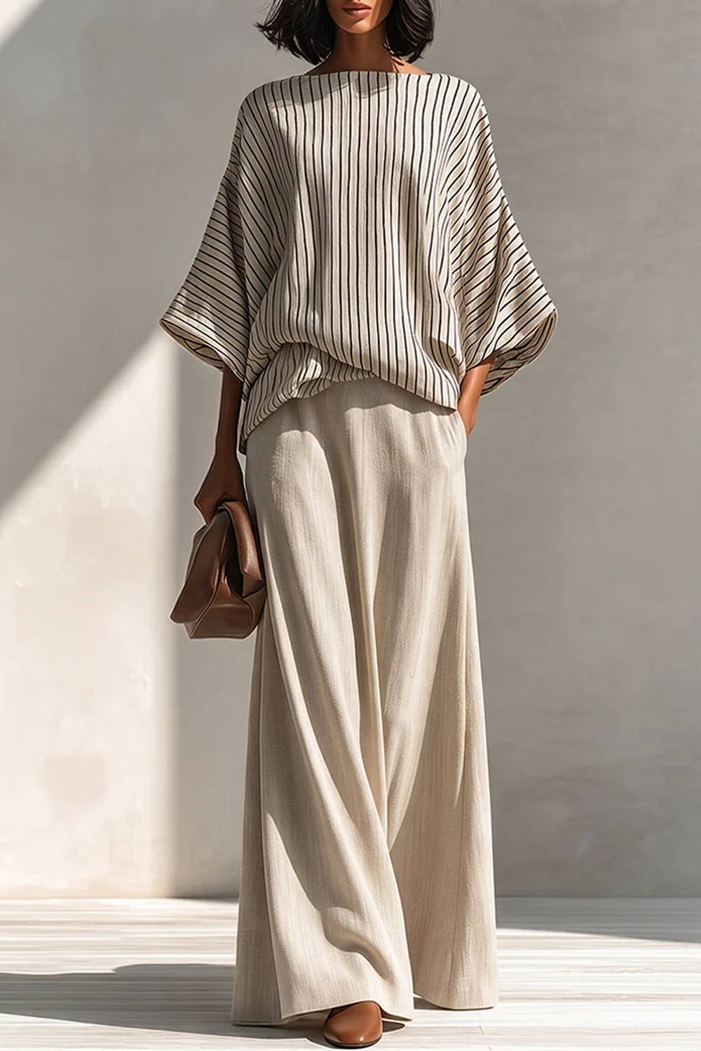 Boat Neck Batwing Sleeve Striped Top & Maxi Skirt Two‑Piece Outfit
