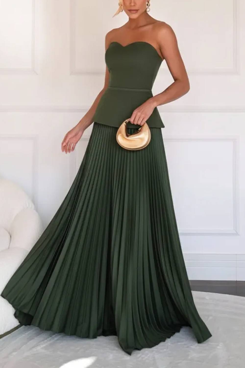 Sweetheart Strapless Peplum Bodice Pleated Maxi Dress