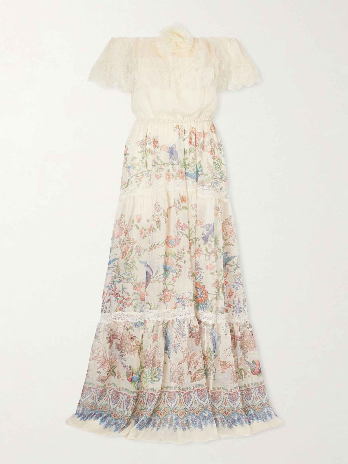 Bohemian Floral Bird Print Off-Shoulder Tiered Maxi Dress