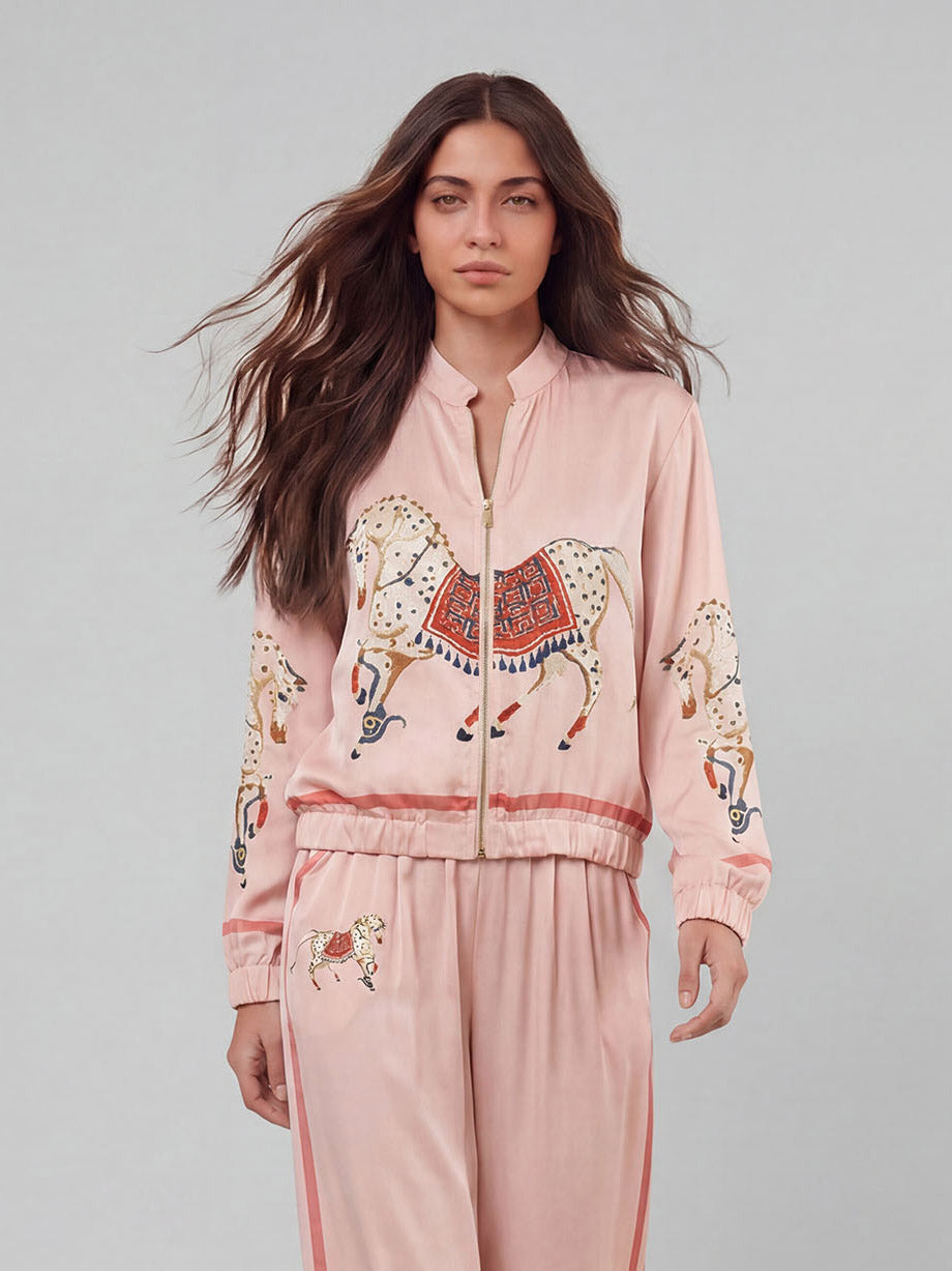 Exquisite Satin Horse Print Wide-Leg Pants