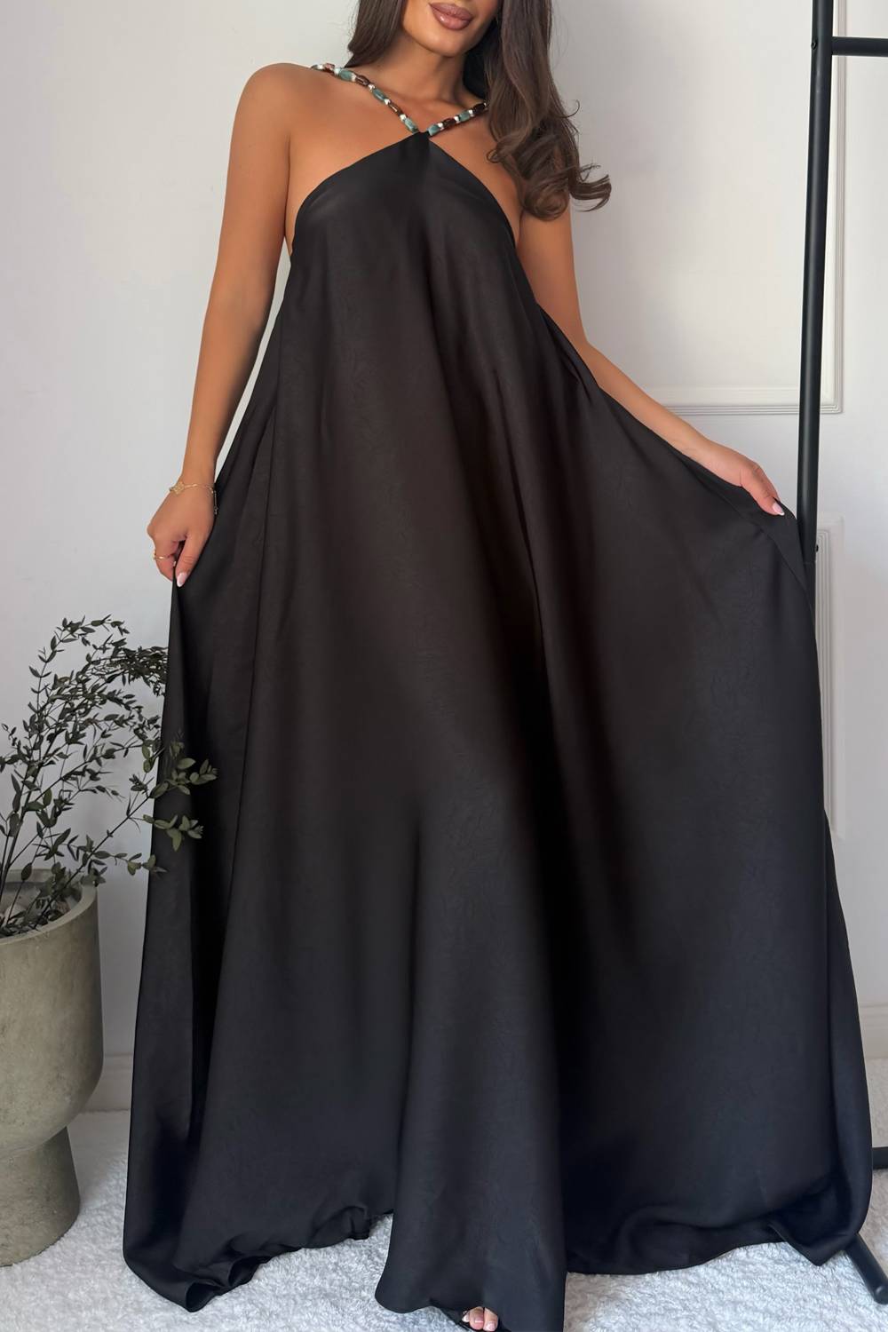 Beaded Halter Neck Sleeveless Loose Maxi Dress