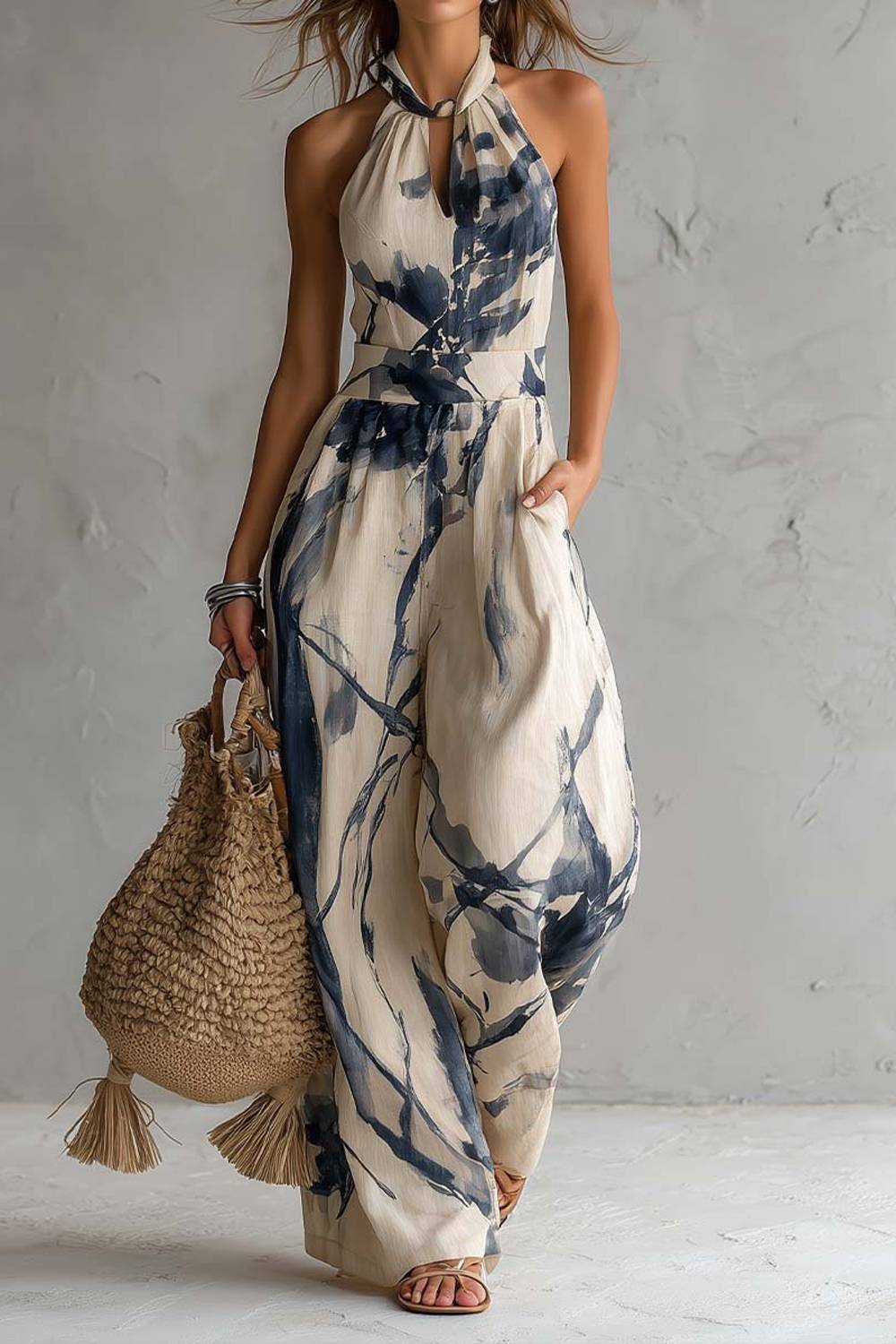 Neck Ink-Print Wide-Leg Jumpsuit